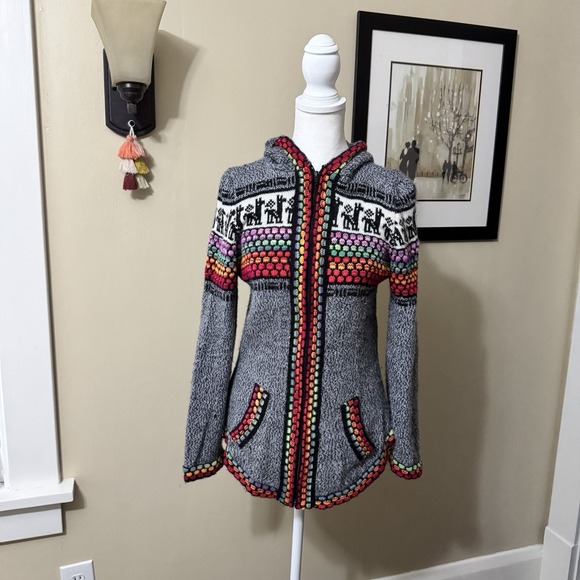 100% Pure Sweaters - Andes Imports 100% Alpaca Women Zip-Up Hoodie Sweater Multicolor Small Soft Cozy